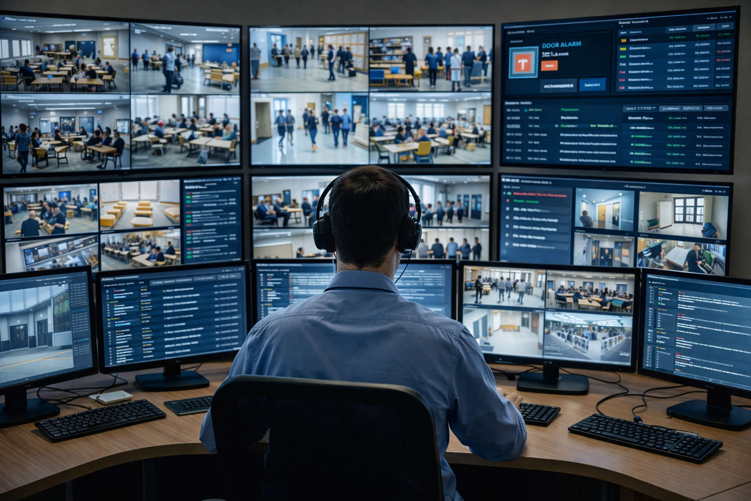 Security operations center with multiple surveillance monitors