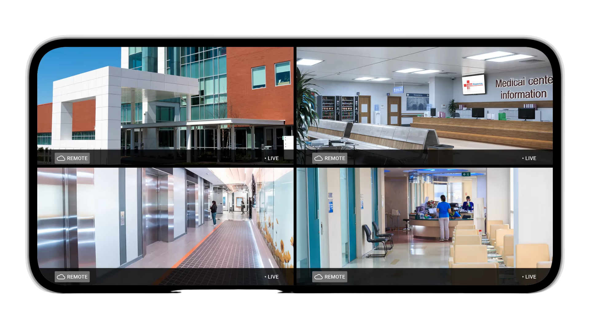 Multi-camera healthcare facility monitoring showing lobby, corridors, and patient areas
