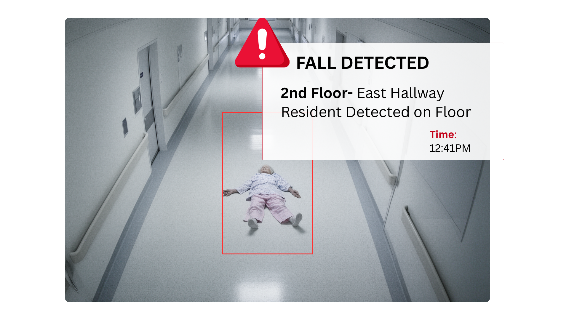 AI-powered fall detection alert showing resident detected on floor with timestamp