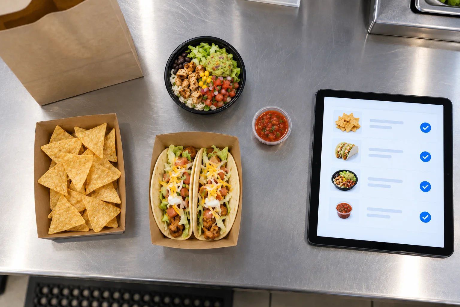 Illustrative overhead Mexican QSR order with tacos, tortilla chips, a burrito bowl, salsa, and a tablet