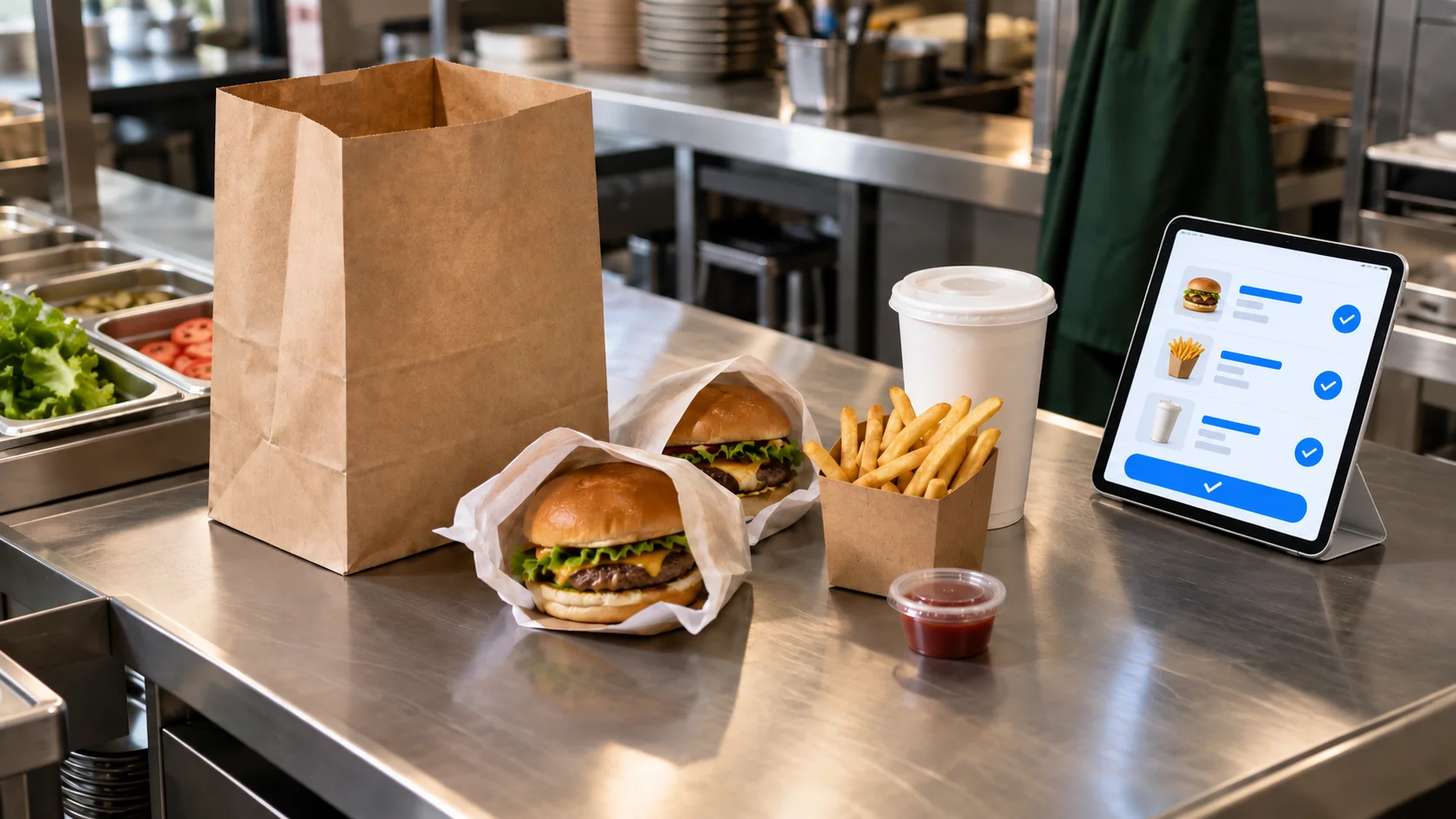 Illustrative restaurant packing station with staged food, an open takeout bag, and a tablet