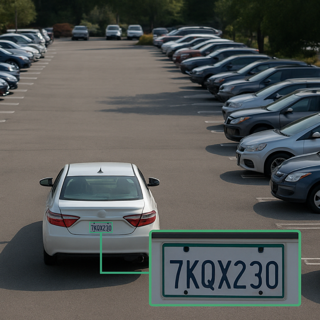 License plate recognition system identifying vehicle in parking lot for facility security access control