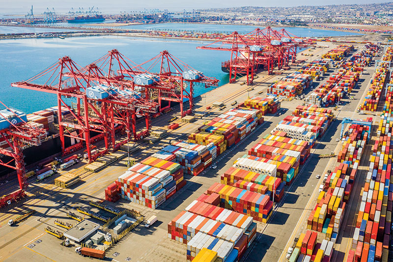 AI security monitoring port operations with cargo containers, showing real-time threat detection and perimeter surveillance for maritime terminals