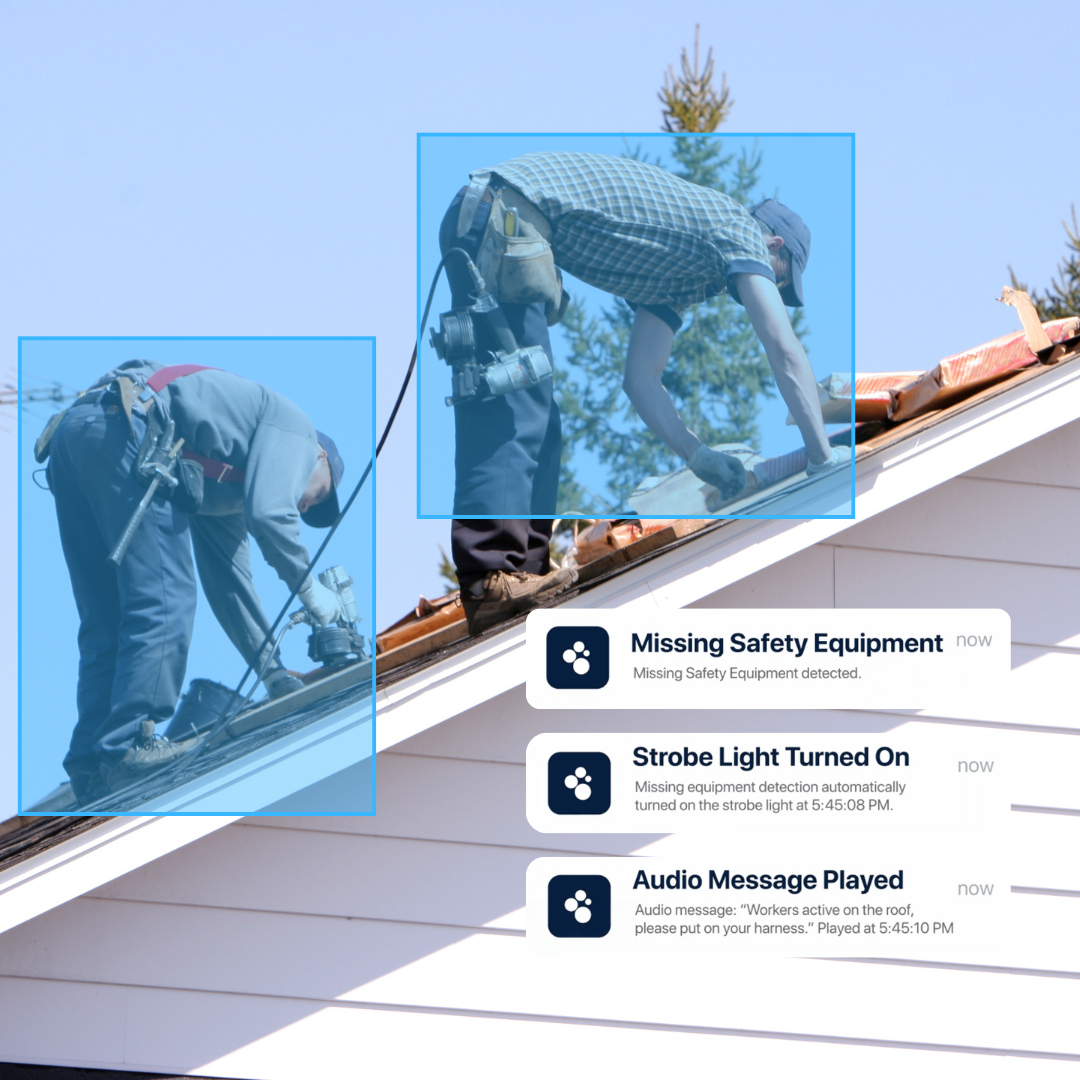 Construction workers on roof with AI safety monitoring detecting missing equipment and sending alerts