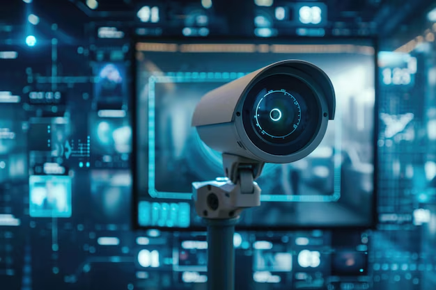 Modern AI-powered security camera with digital interface overlay showcasing intelligent surveillance technology and real-time monitoring capabilities