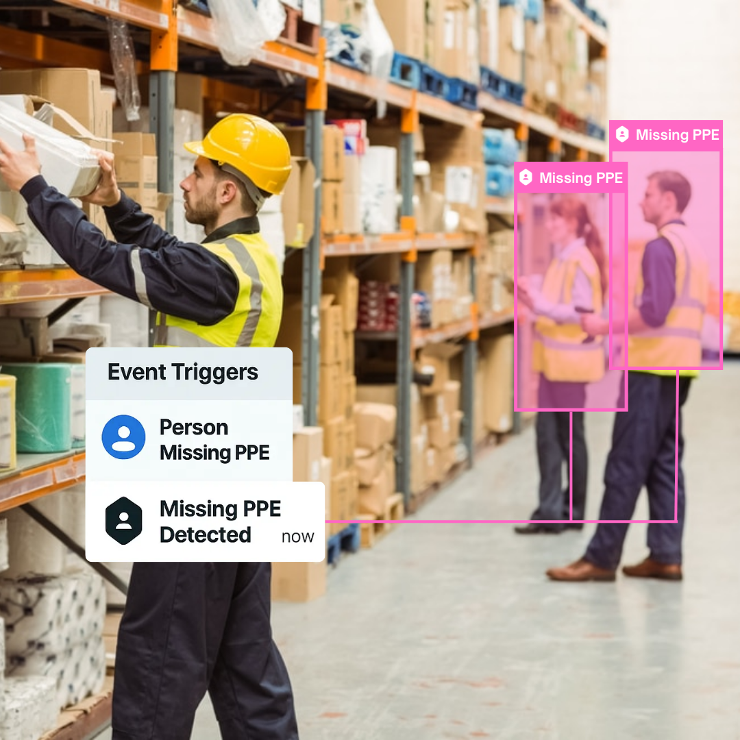 AI-powered PPE detection system monitoring warehouse workers for safety compliance with missing PPE alerts